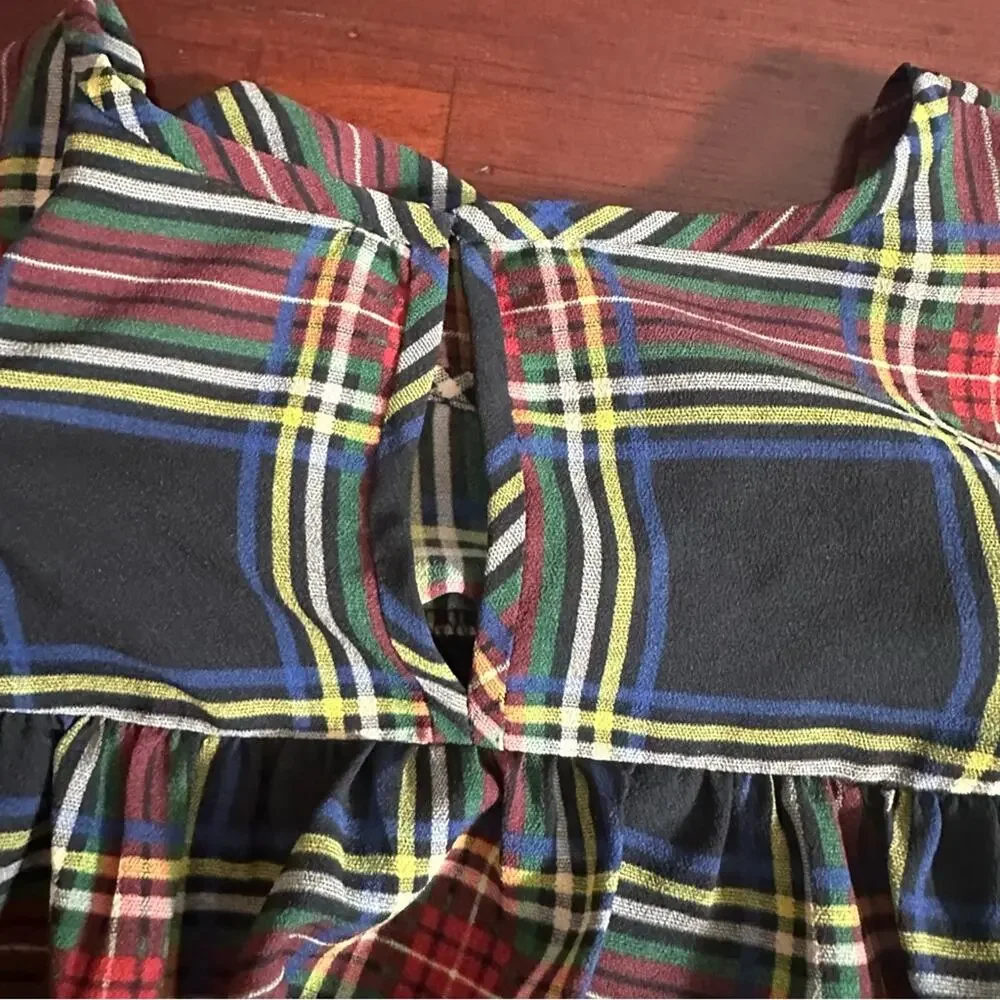 J Crew Edie Stewart Plaid Ruffle Top Black Red Green SIZE 2 Blouse Tartan Top